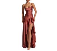 Robe de Soirée Cocktail Longue Asymétrique pour Mariage Invité Bal de Promo Anniversaire Cérémonie Femme Robe Demoiselle d'honneur avec Fente,Marron Rouge,S