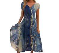 Robe de Soirée Cocktail Mariage Invitée Grande Taille Mi-Longue Fluide Col V Bal de Promo Cérémonie Anniversaire Chic et Élégante Asymétrique Femme (Blue, M)