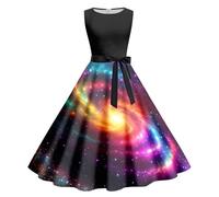 Robe de soirée, costume galaxie pour femme, sans manches, robe longue 3D galaxie spatiale, impression A, lignes A, robe de cocktail des années 90, espace, carnaval, fête, manches courtes, col rond