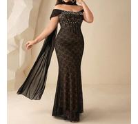 Robe de soirée de cérémonie grande taille avec dentelle perlée, épaules dénudées, coupe sirène, ornementation lourde, élégante, pour mariage et soirée formelle de printemps 0XL,1XL,2XL,3XL,4XLGéométri