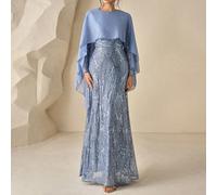 Robe de soirée de cérémonie pour femme, col rond, manches longues, à sequins, luxueuse, élégante, pour dîner de répétition et vœux, ornementation lourde, bleu minuit, printemps L,M,S,XLPlantesTissu tr
