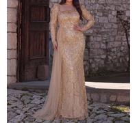 Robe de soirée de luxe style sirène avec perles et architecture - Manches longues structurées, jupe drapée asymétrique sur le côté - Convient pour les occasions formelles telles que les cérémonies de