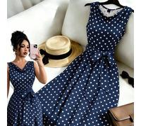 Robe de soirée d'été élégante à pois bleu marine pour femmes, silhouette trapèze vintage avec col à volants et ceinture cintrée pour le trajet, les rassemblements, les mariages L,M,S,XLGéométriqueTiss