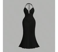 Robe de soirée d'été élégante et sexy en grande taille, noire, col en V, queue de poisson, décoration d'étoile de mer en métal, dos nu avec lien autour du cou, tissu texturé, pour vacances et remise d