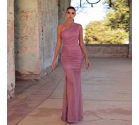 Robe de soirée d'été élégante pour femmes avec une épaule, col asymétrique drapé. Fente haute attrayante, parfaite pour les sorties, les dîners de gala, les mariages. Rose fête L,M,SUnicoloreTissu tis