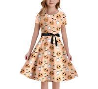 Robe de soirée d'halloween pour Filles-Style médiéval-Coupe trapèze-Manches Courtes-avec Fermeture éclair élastique au Dos-pour Les fêtes d'enfants (Rose Gold-7-8 Years)