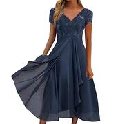 Robe de Soirée Dos Nu pour Femme Manches Volantées Mousseline Col V Plissé Robes de Demoiselle d'honneur Longue Élégante Floral Midi Corset Dress Bikini Cover Up Paréo 2025 (Bleu,XL)