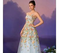 Robe de soirée élégante à bretelles spaghetti en maille brodée de fleurs, tenue de cérémonie pour mariages, garden-parties, occasions romantiques. Convient pour les anniversaires, mariages, galas, rob