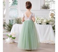 Robe de soirée élégante à col en V en dentelle et tulle vert menthe, convenant pour l'anniversaire des filles, les banquets, les soirées, les mariages, les demoiselles d'honneur, les concours de beaut