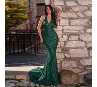 Robe de soirée élégante à col ras-du-cou et coupe sirène avec broderie perlée lourde et fente haute sur la cuisse, épousant parfaitement les lignes du corps pour les dîners formels et les fêtes L,M,S,