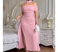 Robe de soirée élégante à épaules dénudées, fendue et ajustée pour femmes grandes tailles. Convient pour les fêtes de Noël, les occasions formelles. Robe de demoiselle d'honneur grande taille élégante