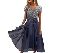 Robe de soirée élégante à paillettes pour femme - Col en V - Manches courtes - Plissée - En mousseline de soie - Ourlet irrégulier - Grande taille - Robe trapèze - Taille S à 5XL, argenté, XXXXL