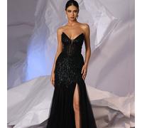 Robe de soirée élégante en sequins style sirène pour femmes avec fente haute, robe de bal étincelante élaborée avec corsage bustier à baleines et ourlet en maille, robe de mariage, robe de soirée, rob