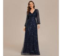 Robe de soirée élégante et brillante à col en V et manches longues, bleu marine avec sequins. Convient pour les mariages, galas, remises de diplômes, occasions formelles, mariées, mères de la mariée,