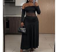 Robe de soirée élégante et formelle pour le printemps/début de l'automne, coupe slim, noire unie, manches longues, épaule asymétrique, patchwork en maille transparente, fente haute, coupe trapèze, rob