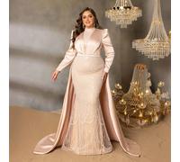 Robe de soirée élégante et glamour avec encolure montante et manches de princesse | Traîne asymétrique et silhouette sirène | Robe de cérémonie perlée et pailletée pour gala de prestige, tapis rouge, 