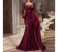 Robe de soirée élégante et luxueuse à encolure carrée transparente, manches longues, ornée de perles, de sequins et de satin. Très richement décorée avec une coupe sirène. Convient pour toutes les occ