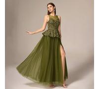 Robe de soirée élégante et luxueuse dernière création, en satin, patchwork de sequins, sans bretelles, bleu lac L,M,SPlantesTissu en tulle