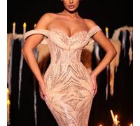 Robe de soirée élégante et luxueuse en champagne avec structure à la taille, épaules dénudées, paillettes 3D et tulle transparent en queue de poisson. Convient pour la remise des diplômes, le mariage,