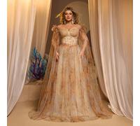Robe de soirée élégante et romantique grande taille jaune à épaules dénudées, ornée de cristaux et d'une taille ajourée, en maille transparente à imprimé arête de poisson (design complexe). 1XL,2XL,3X