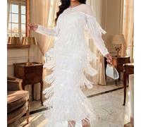 Robe de soirée élégante grande taille avec patchwork en maille, décoration à franges et à pompons, blanche 0XL,1XL,2XL,3XL,4XL,5XLUnicoloreTissu tricoté