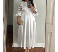 Robe de soirée élégante grande taille pour dîner et fête, patchwork en maille pailletée et satin blanc, style modeste pour l'église, avec perles et manches, pour mariage d'automne 0XL,1XL,2XL,3XL,4XL,