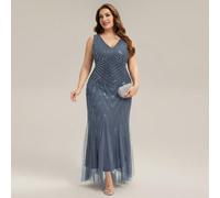 Robe de soirée élégante grande taille pour femmes, coupe sirène avec sequins, col en V profond, sans manches, patchwork de maille avec perles lourdes, robe longue pour l'été et le début de l'automne 0