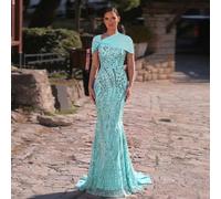 Robe de soirée élégante marron de luxe avec broderie 3D perlée et paillettes, style minimaliste sans bretelles, taille haute affinante, queue de sirène avec traîne (inclut un châle à nœud amovible et 