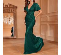 Robe de soirée élégante pour femme à col V profond, manches courtes, avec sequins, détails torsadés à la taille et ourlet évasé en forme de sirène - parfaite pour les galas en tenue de soirée, les évé