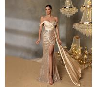 Robe de soirée élégante pour femme avec épaules dénudées, caractérisée par un corsage ajusté orné de sequins, une fente haute et une traîne en satin de luxe. Taillée pour un ajustement flatteur, convi