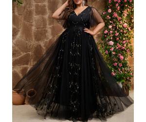 Robe de soirée élégante pour femmes avec imprimé floral, panneaux en maille et sequins, et fermeture éclair. Convient pour les événements formels, remises de diplômes, retours au bercail, mariages, co