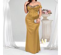 Robe de soirée élégante pour femmes grandes tailles, avec épaules dénudées, bloc de couleurs et taille froncée 0XL,1XL,2XL,3XL,4XLUnicoloreÉtoffe