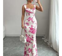Robe de soirée élégante près du corps, col plongeant, avec imprimé rose L,M,S,XLFloral,Plantes,Tout ImpriméTissu tricoté