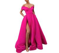 Robe de Soirée Elegante Robe à Une épaule Couleur Unie Robes de Bal à Col V Robe de Mariage Fendue Robe de Cocktail Longue(Rose Vif,S)