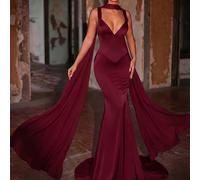 Robe de soirée élégante, romantique et à la mode avec une forme de queue de poisson en satin, un décolleté à volants, une jupe à queue de poisson, une traîne, à la mode, célébrité d'internet, festival