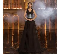 Robe de soirée élégante, romantique et en tissu mousseline de couleur café avec patchwork de sequins sur le devant, fente sur le côté en forme de ligne A. Robe de cocktail pour invités de mariage, rob