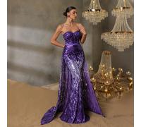 Robe de soirée élégante style épaules dénudées coupe évasée avec broderie florale et traîne amovible | Robe de cérémonie ajustée avec ornements de cristal pour gala de prestige, réception de mariage d