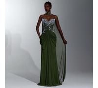 Robe de soirée élégante verte de luxe avec patchwork de broderie perlée 3D, maille haute élasticité, nouveau col bandeau oreilles de chat, décoration perlée lourde, découpe de maille transparente à la