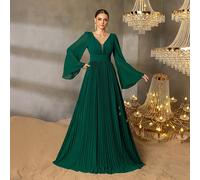 Robe de soirée en mousseline de soie plissée avec encolure plongeante et manches évasées, élégante pour les tapis rouges, les grands galas, les réceptions de mariage de prestige, les galas de bienfais