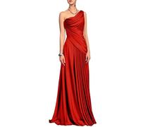 Robe de soirée en satin à une épaule dénudée, robe de soirée drapée froncée avec accents de perles, Rouge, 50 Grande taille