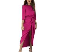 Robe de soirée en satin haute couture tempérament élégante robe jupe en dentelle pour femmes avec manches, rose vif, M