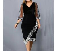 Robe de soirée en velours grande taille pour femme avec ornements floraux en maille adaptée pour les cocktails et les événements de bal (XL noir)