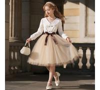 Robe de soirée et de tous les jours élégante et vintage pour filles avec col de blazer, patchwork en maille, comprend une ceinture, convient pour le printemps et l'automne 8Y,9Y,10Y,11Y,12YUnicolorePo