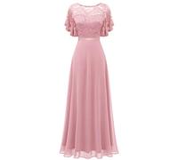 Robe de Soirée Femme Élégante Col en V, Robe de Cocktail à Manches en Dentelle Mousseline Exquise pour Bal Cérémonie, Long Tempérament Couvrant Le Ventre Robe Demoiselle d'honneur Blush M