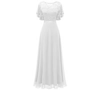 Robe de Soirée Femme Élégante Col en V, Robe de Cocktail à Manches en Dentelle Mousseline Exquise pour Bal Cérémonie, Long Tempérament Couvrant Le Ventre Robe Demoiselle d'honneur Blanc 3XL