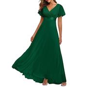 Robe De Soiree Femme en Double V,Col, Robe Demoiselle d'honneur Manches Courtes Longue Chic Et Elegant Taille Haute Dress pour CéRéMonie FêTe Cocktail MariéE Party Polyvalente