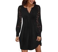 Robe De SoiréE Femme Manches Longues Dentelle Col V avec Boutons Mini Robes Chic Et Elegant Slim Fit Casual Solide Pas Cher Grande Taille pour Princesse De Promo Anniversaire Dress