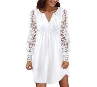 Robe De SoiréE Femme Manches Longues Dentelle Col V avec Boutons Mini Robes Chic Et Elegant Slim Fit Casual Solide Pas Cher Grande Taille pour Princesse De Promo Anniversaire Dress