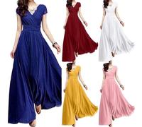 Robe de soiree femme mariage invite col v robe longue chic et elegant manche courte fluide taille empire cérémonie robes cache coeur de demoiselle d'honneur robes de bal cocktail pour (Blue, L)