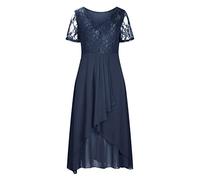 Robe De Soiree Femme Mousseline- Robe Mi Longue Col V Manches Courtes Chic Et éLéGante Grande Taille Dress DéContracté de Fête Demoiselle d'honneur Mariage Invité Ceremonie Princesse Vacances